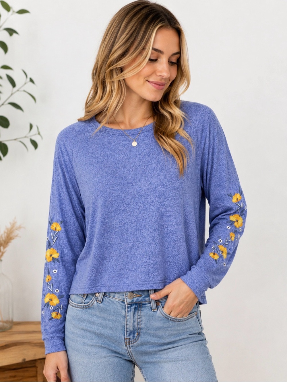 Miiyu Blue Floral Embroidered Sleeve Top Boho Long Sleeve Tee Medium